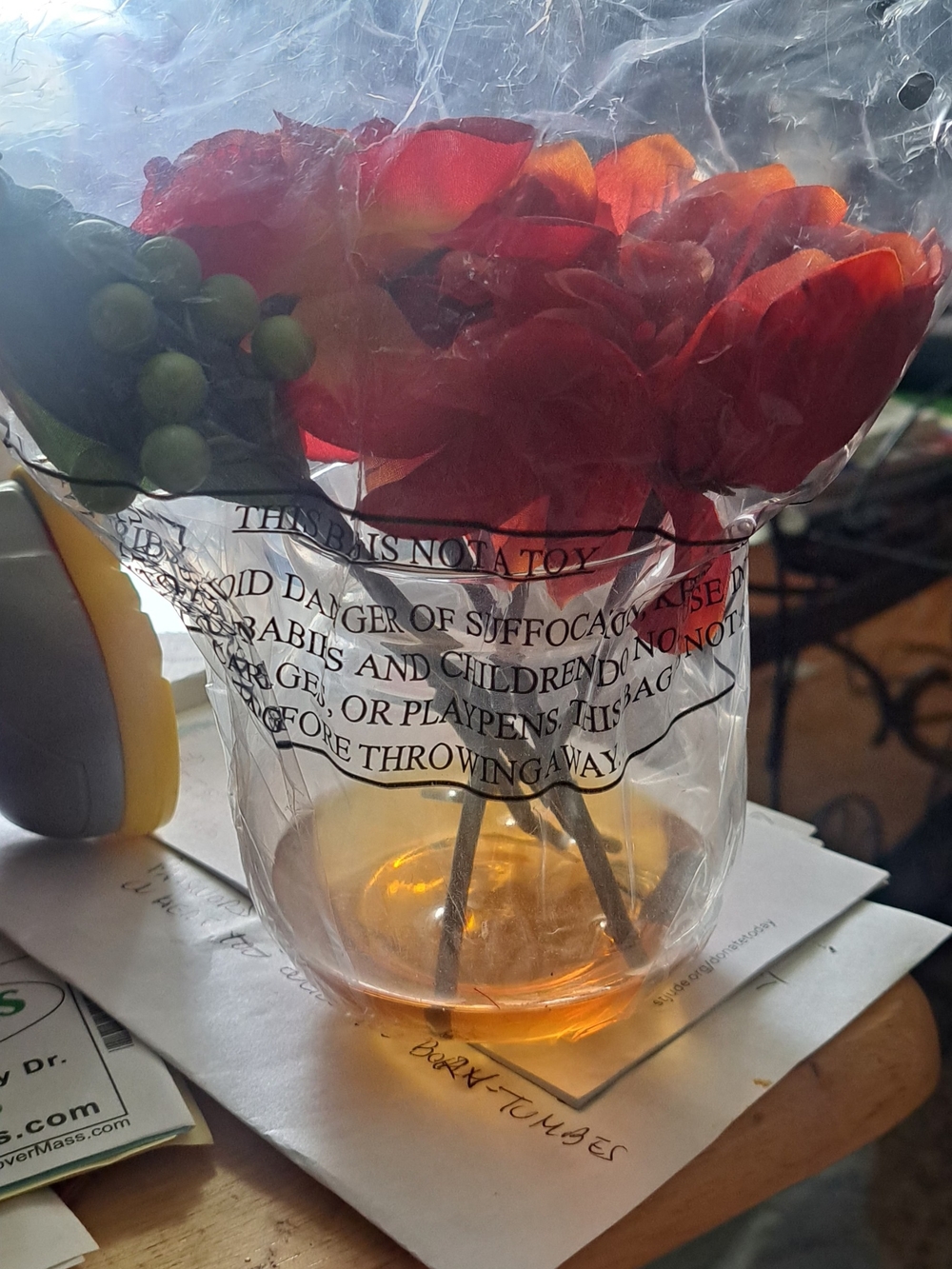 Lillian Vernon- Red Faux Floral Bouquet with Green Berry Accents